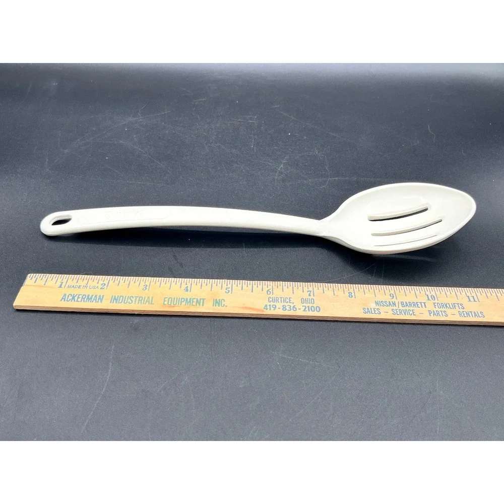 Vtg Pyrex Accessories Heavy Slotted Spoon Almond Cream Plastic Made in USA 11.5